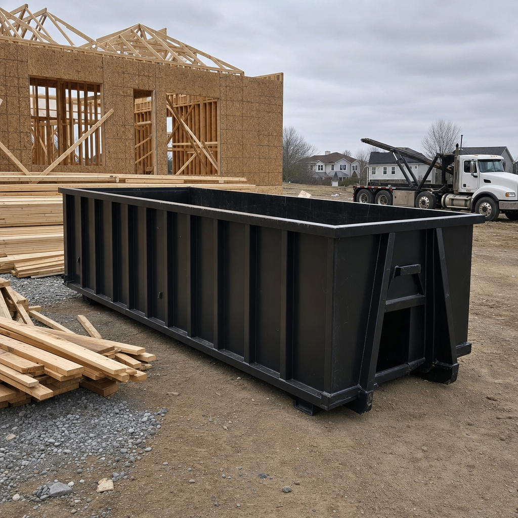Matte-black 40-yard roll-off dumpster staged on a framed-out residential construction site in Southfield, framing lumber stacked nearby, hooklift delivery truck visible in the background under bright Colorado daylight