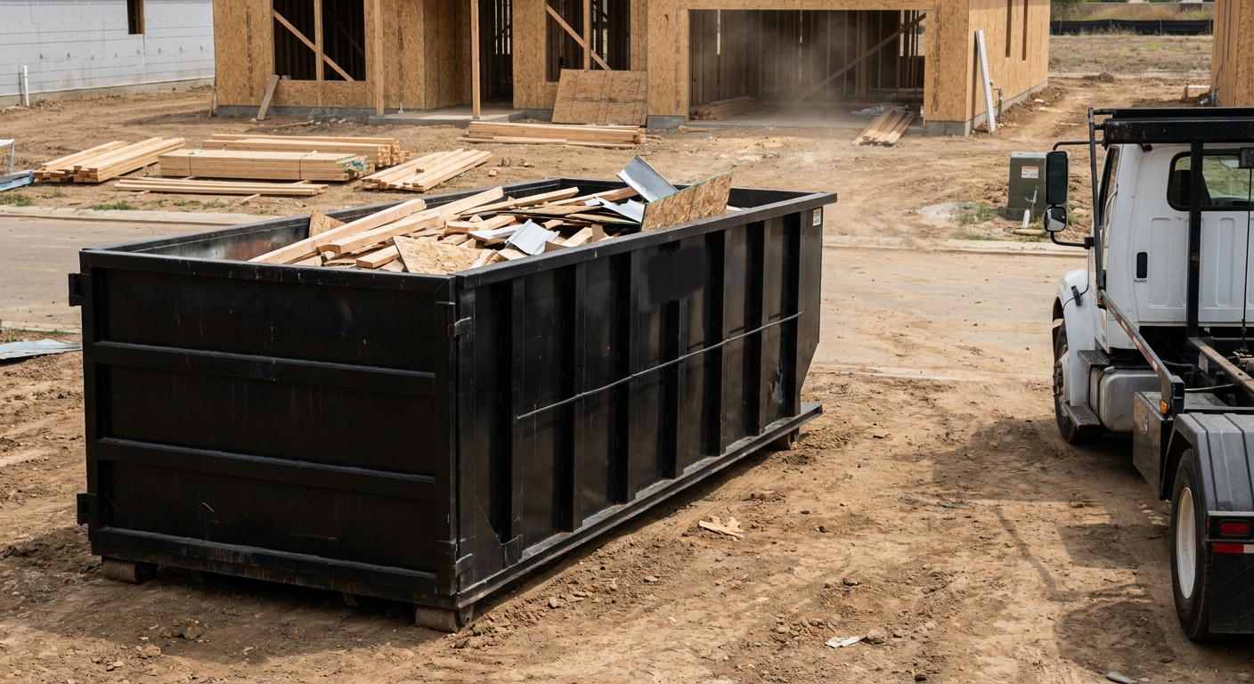 Matte-black 20-yard roll-off construction dumpster with heavy ribbed steel sidewalls and swing rear doors at a working jobsite in Southfield, sitting directly on compacted dirt with an unmarked white hauler partially visible at the far edge of the frame.