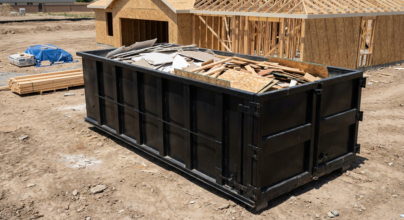 Matte-black 30-yard roll-off construction dumpster sitting directly on the compacted-dirt site of a framed single-family home build in Southfield, drywall and lumber scrap loaded inside.