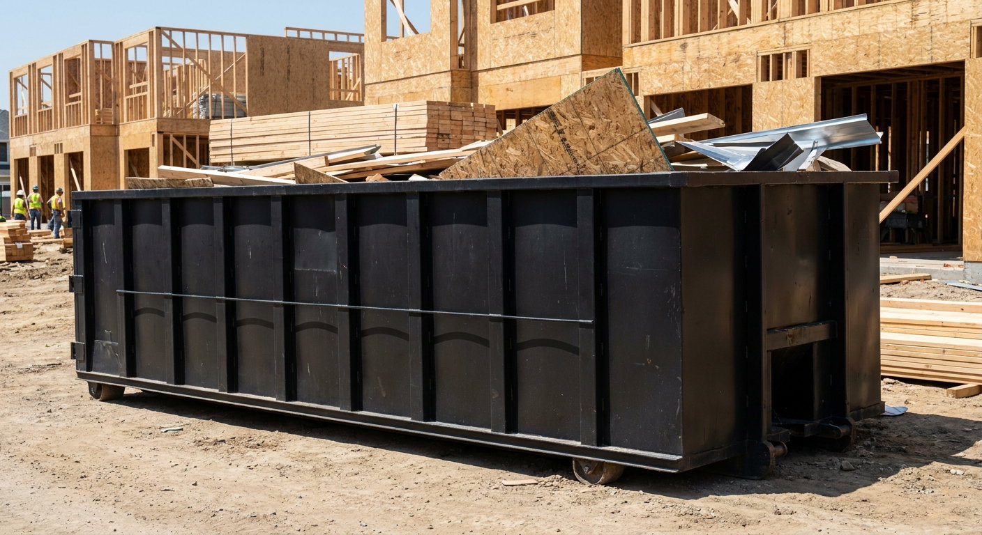 Matte-black 40-yard roll-off construction dumpster being lowered from a white-cab hooklift delivery truck onto the compacted-dirt jobsite at a commercial build site in Southfield