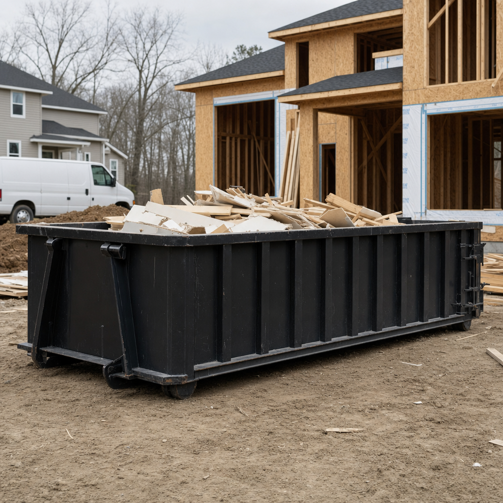 Worker in a yellow high-visibility vest tossing framing lumber and broken drywall into a matte-black 30-yard construction roll-off dumpster on an active build site in Southfield, bright daylight