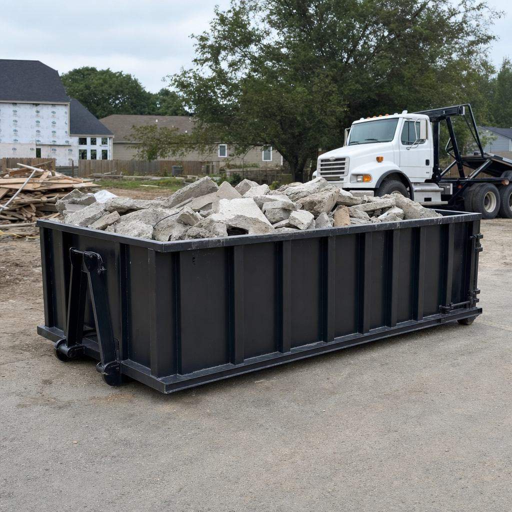 Low-profile matte-black lowboy roll-off dumpster loaded with broken concrete slab and rebar at a foundation tear-out in Southfield, skid steer parked beside it, sunny Colorado morning