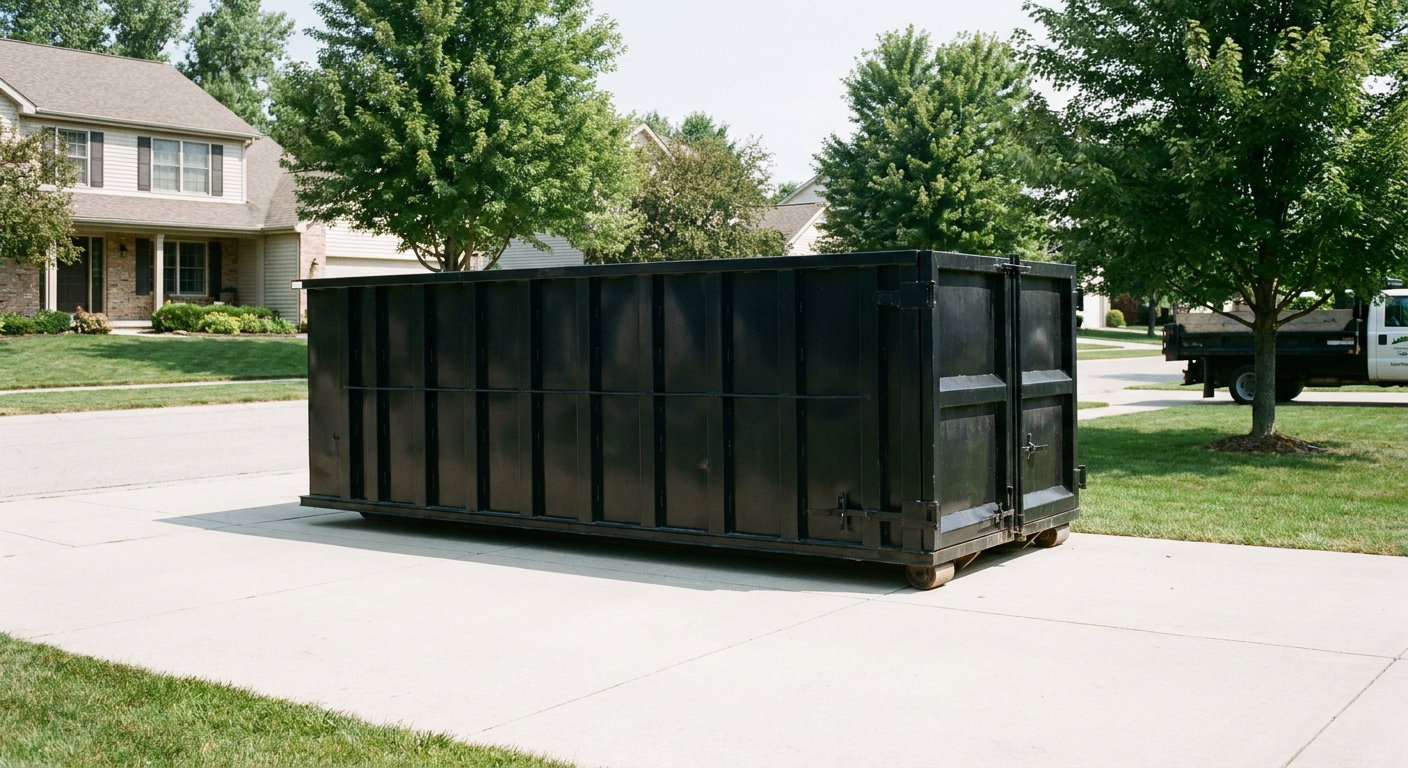 Matte-black 20-yard roll-off dumpster sitting level on a clean Southfield residential concrete driveway under bright daylight, demonstrating clean placement directly on the concrete.