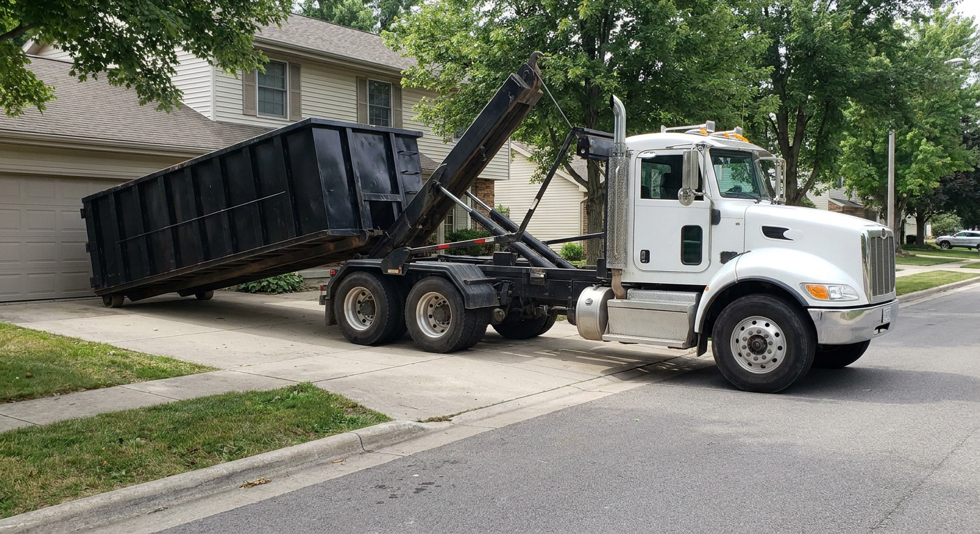 White-cab hooklift roll-off truck actively lowering a matte-black dumpster onto a Southfield residential concrete driveway, the dumpster's rear wheels touching the driveway as the hoist arm tilts the bed forward, mid-morning daylight.