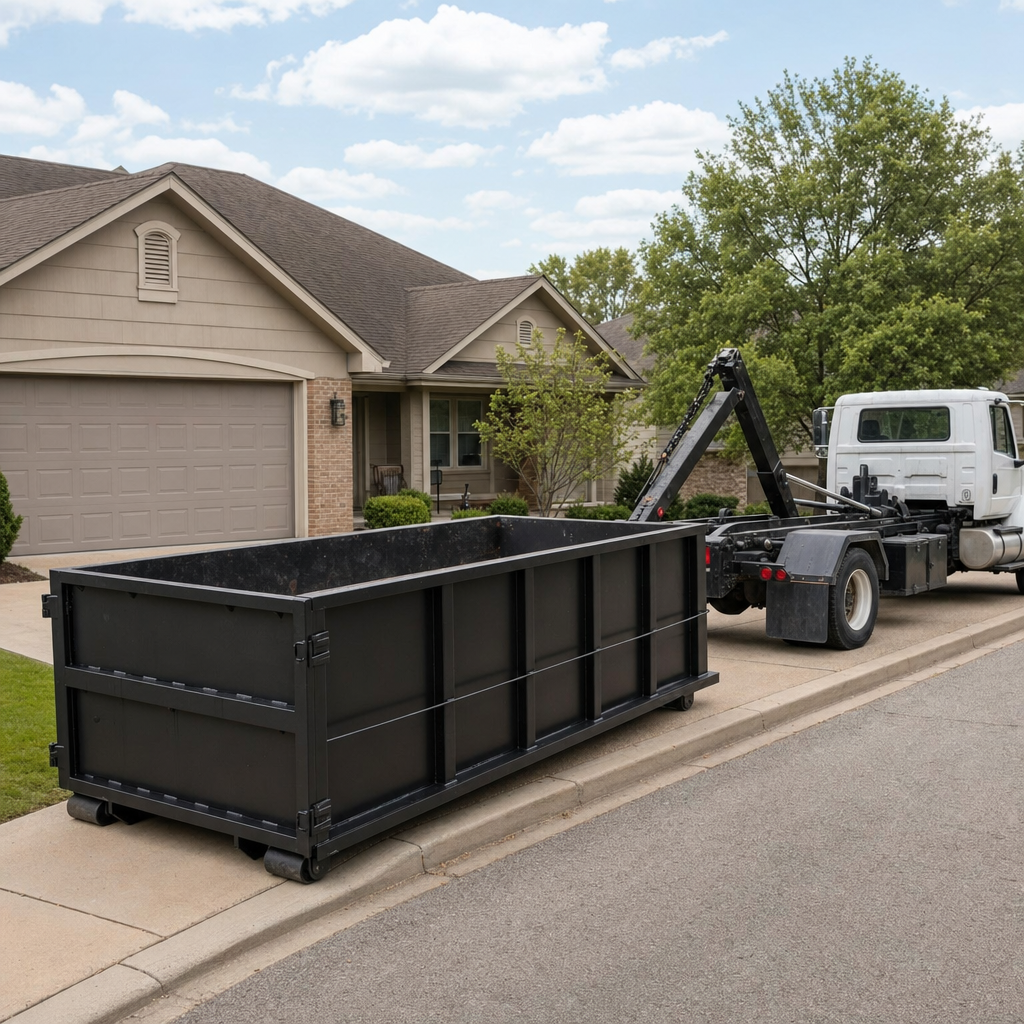 Wide documentary shot of a matte-black roll-off dumpster on a Southfield residential driveway in the foreground and a contractor jobsite container in the soft-focus background, bright daylight, calm and orderly composition.