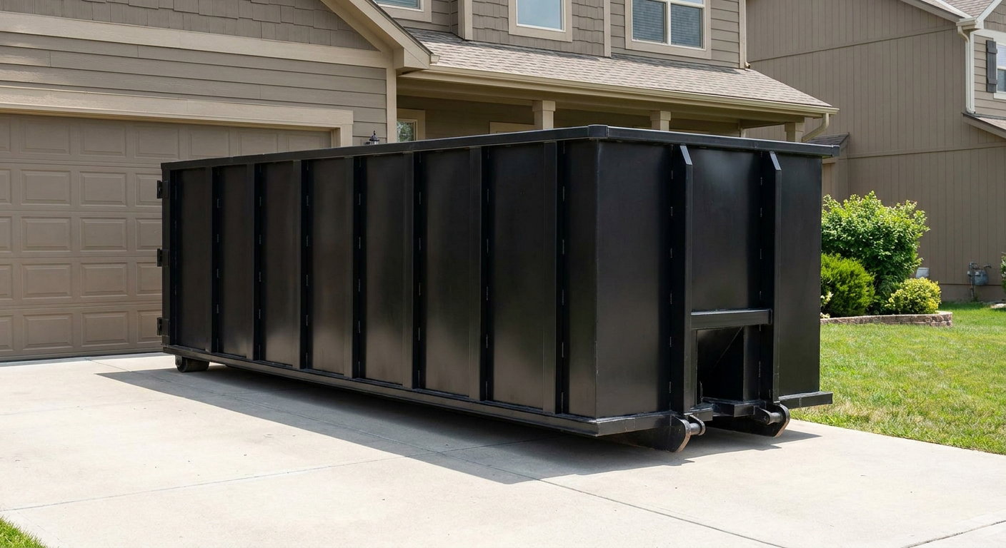 Matte-black residential roll-off dumpster sitting directly on a suburban Southfield concrete driveway, garage door closed, single-family home in background, bright morning daylight.