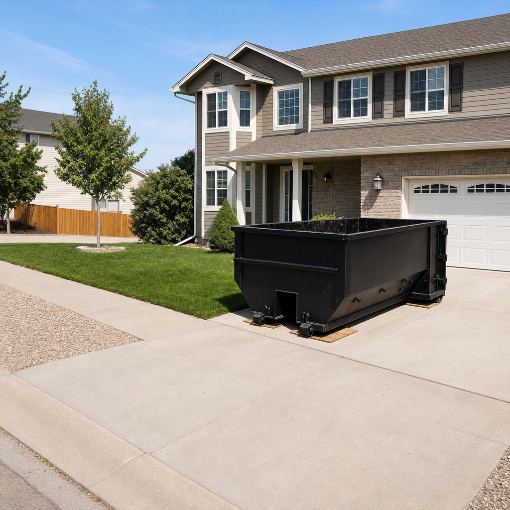 10-yard matte-black residential dumpster placed directly on a narrow Southfield concrete driveway, room remains for a parked sedan beside it, mid-morning natural light