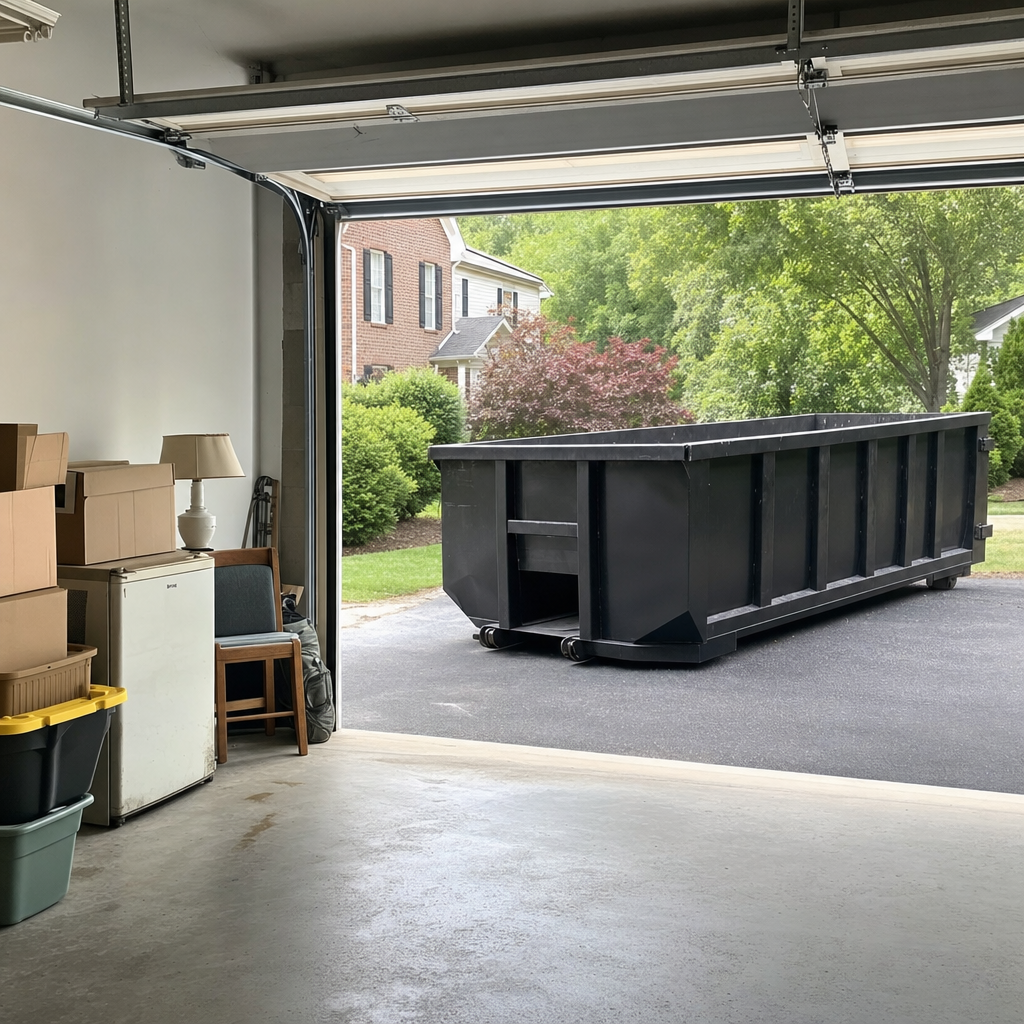 Open garage interior in a Southfield home mid-cleanout — boxed items, an old appliance, and stacked yard tools queued near the driveway for a matte-black roll-off dumpster, organized and calm
