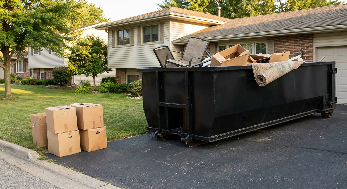 Front-yard view of a Southfield split-level home with a 20-yard matte-black roll-off dumpster sitting directly on the asphalt driveway, a few clearly labeled donation boxes staged at the curb, calm sunny afternoon.