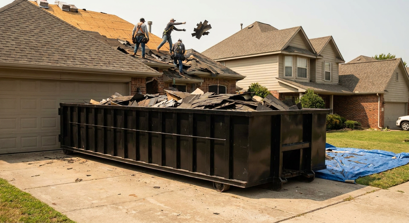 Matte-black roofing roll-off dumpster placed directly on a Southfield residential concrete driveway, a tear-off crew on a two-story asphalt-shingle roof tossing shingle bundles into the low-walled container, bright daylight, documentary 35mm perspective.