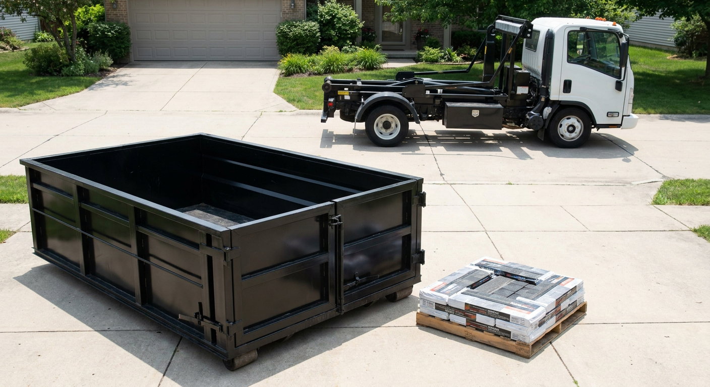 Matte-black 15-yard roofing roll-off dumpster with reinforced low side walls sitting directly on a Southfield residential concrete driveway, three-tab asphalt shingle bundles stacked nearby, an unmarked white hauler truck partially visible at the edge of the frame.