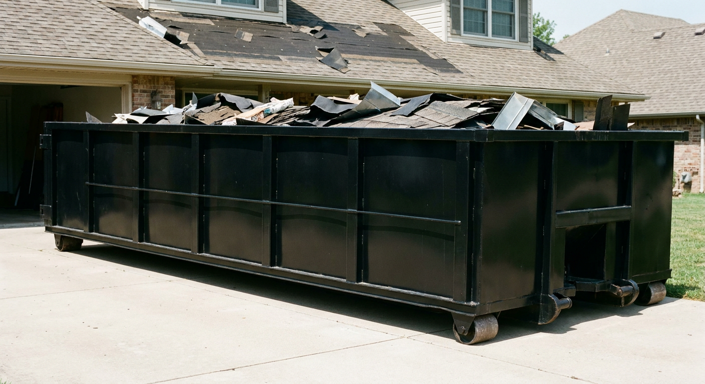 Matte-black 20-yard roofing roll-off dumpster with steel ribbed sides and swinging rear door, sitting directly on the concrete driveway of a two-story Southfield home, asphalt shingle debris being loaded over the low wall, clean documentary lighting.