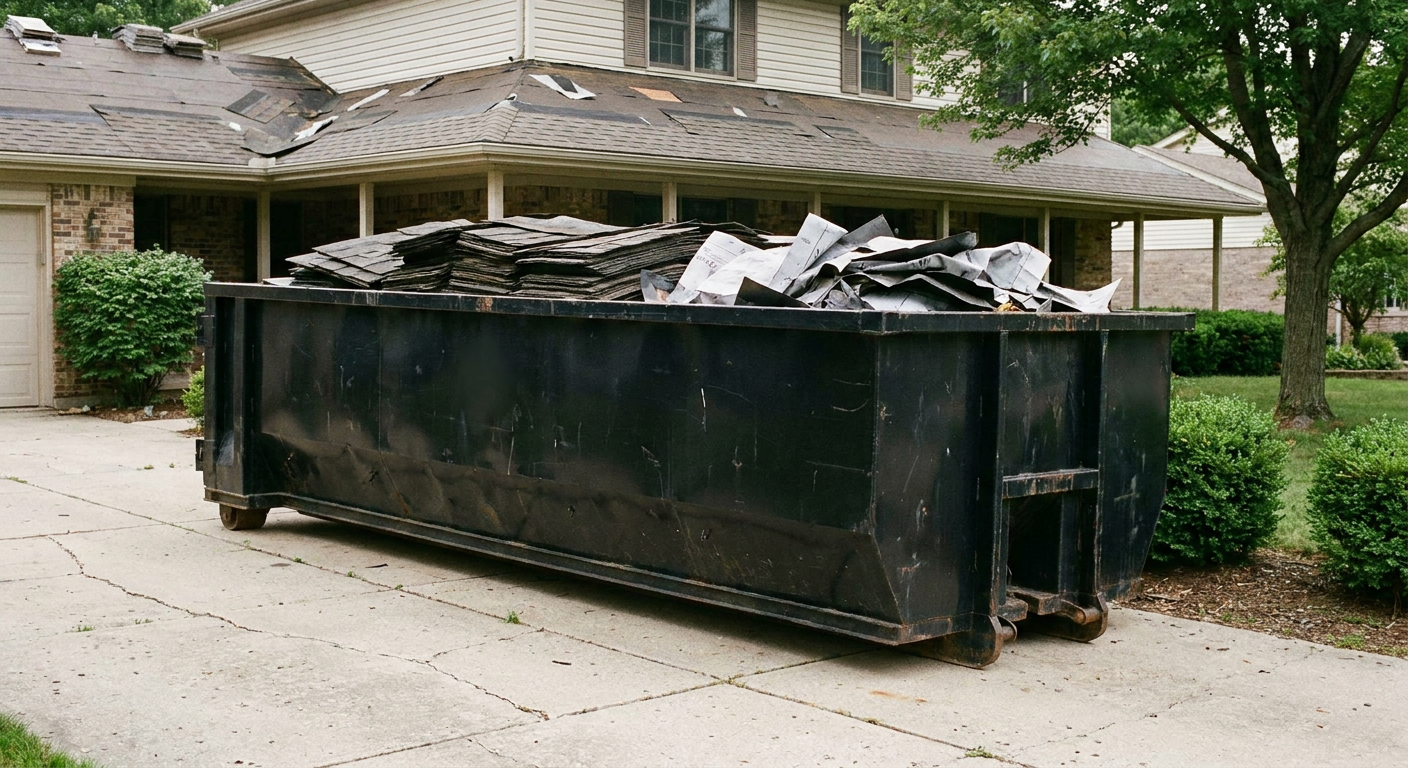 Matte-black 30-yard roofing roll-off dumpster sitting directly on a Southfield concrete driveway, taller ribbed steel side panels, mixed tear-off debris of asphalt shingles and underlayment inside, professional documentary daylight.