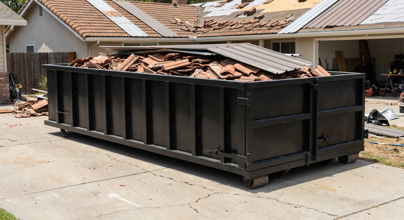 Matte-black low-wall heavy-debris roofing roll-off dumpster sitting directly on a Southfield concrete driveway, broken concrete clay roof tiles and metal panel sections loaded inside, reinforced ribbed steel side walls visible, bright outdoor daylight.