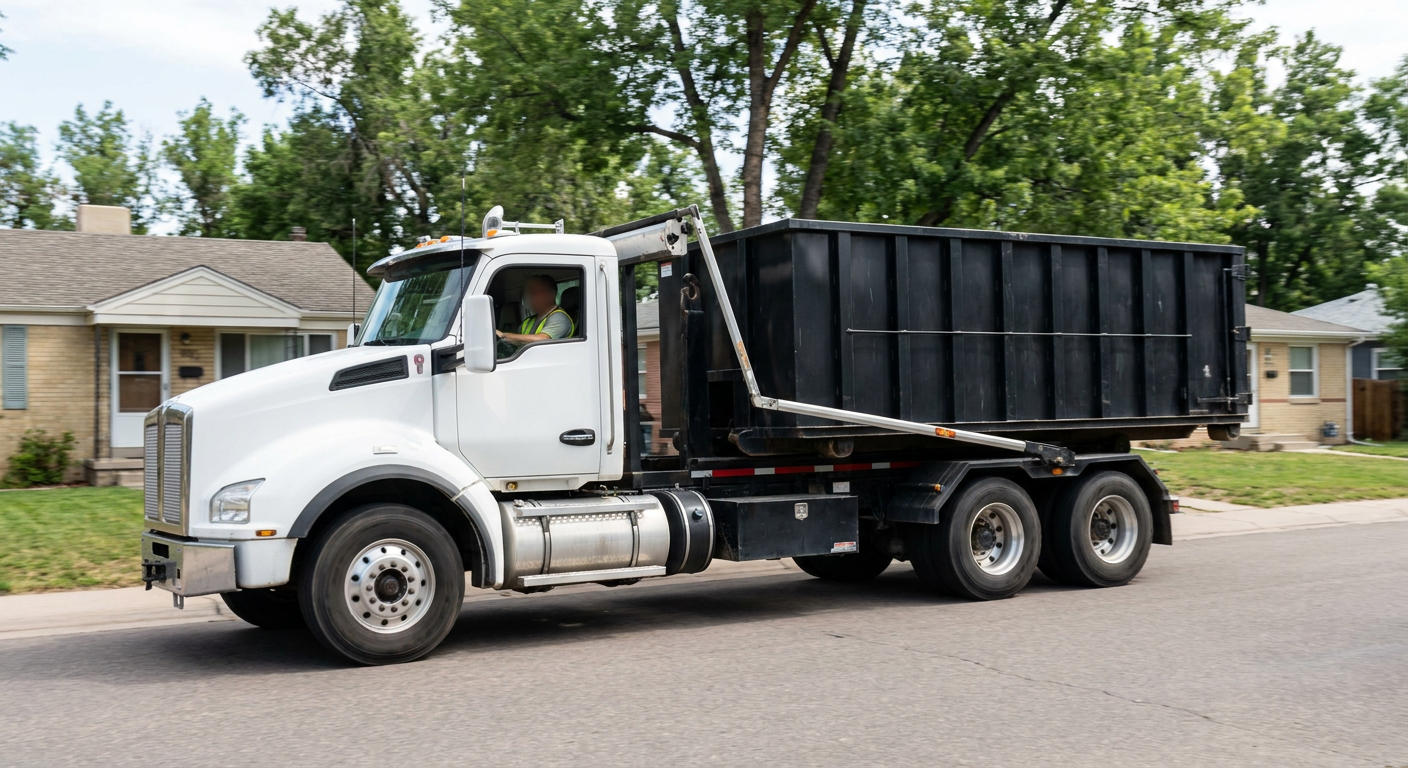 A wide documentary shot of a matte-black roll-off delivery truck pulling onto a quiet Southfield residential street at mid-morning, with neighborhood rooftops and tree-lined blocks visible behind, showing the metro coverage footprint.