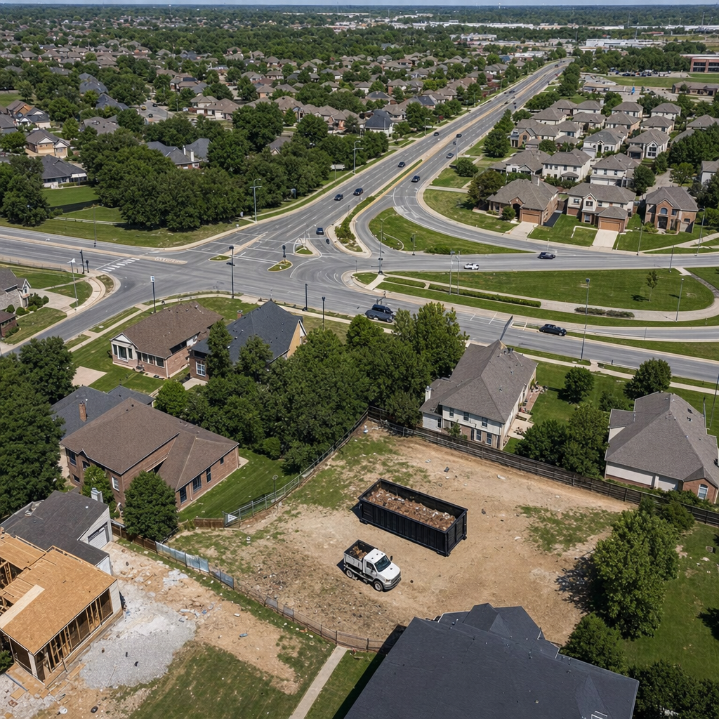 An overhead documentary view of the Southfield metro area at midday, showing the spread of neighborhoods, arterial roads, and the dispatch radius from a central yard — clean daylight, organized geographic layout.