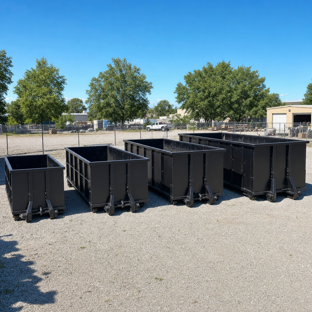 A clean lineup of matte-black roll-off dumpsters in 10, 20, 30, and 40-yard sizes staged on a sunlit gravel yard in Southfield, showing the size progression from compact to commercial-scale containers.