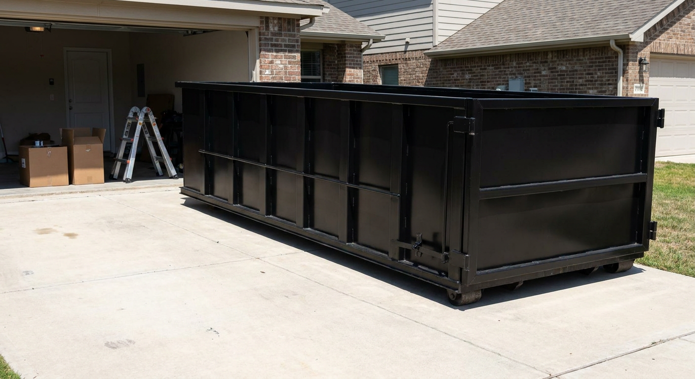 A matte-black 10-yard roll-off dumpster sitting directly on a residential Southfield concrete driveway, mid-day sunlight, clean and ready for a garage cleanout.
