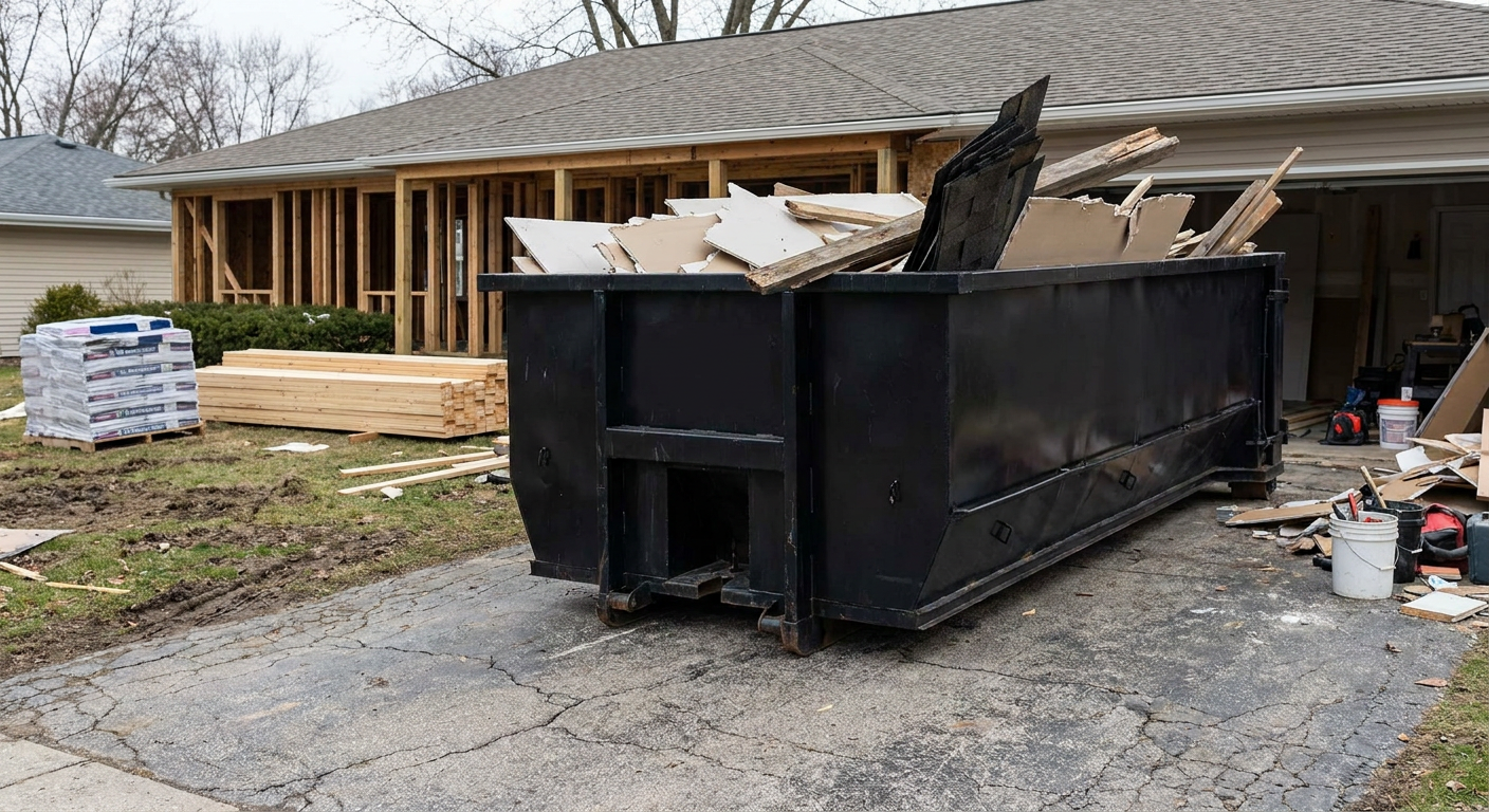 A matte-black 20-yard roll-off dumpster placed alongside a mid-renovation Southfield home directly on the asphalt driveway, with framing materials and torn-off shingles staged neatly nearby.