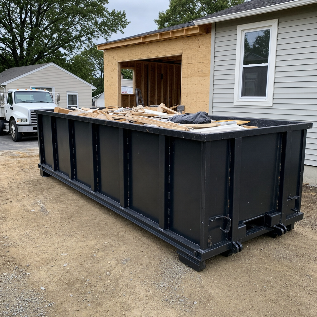 A matte-black 30-yard roll-off dumpster positioned at a Southfield residential addition jobsite, with framing lumber and drywall scraps loaded through the open swinging rear doors.