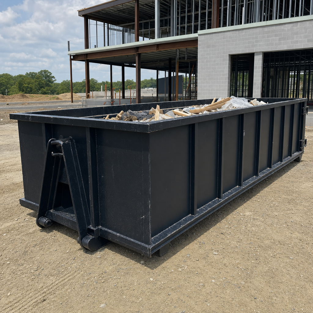 A matte-black 40-yard roll-off dumpster staged on a large Southfield commercial construction lot, with a hooklift delivery truck parked alongside under bright midday sky.