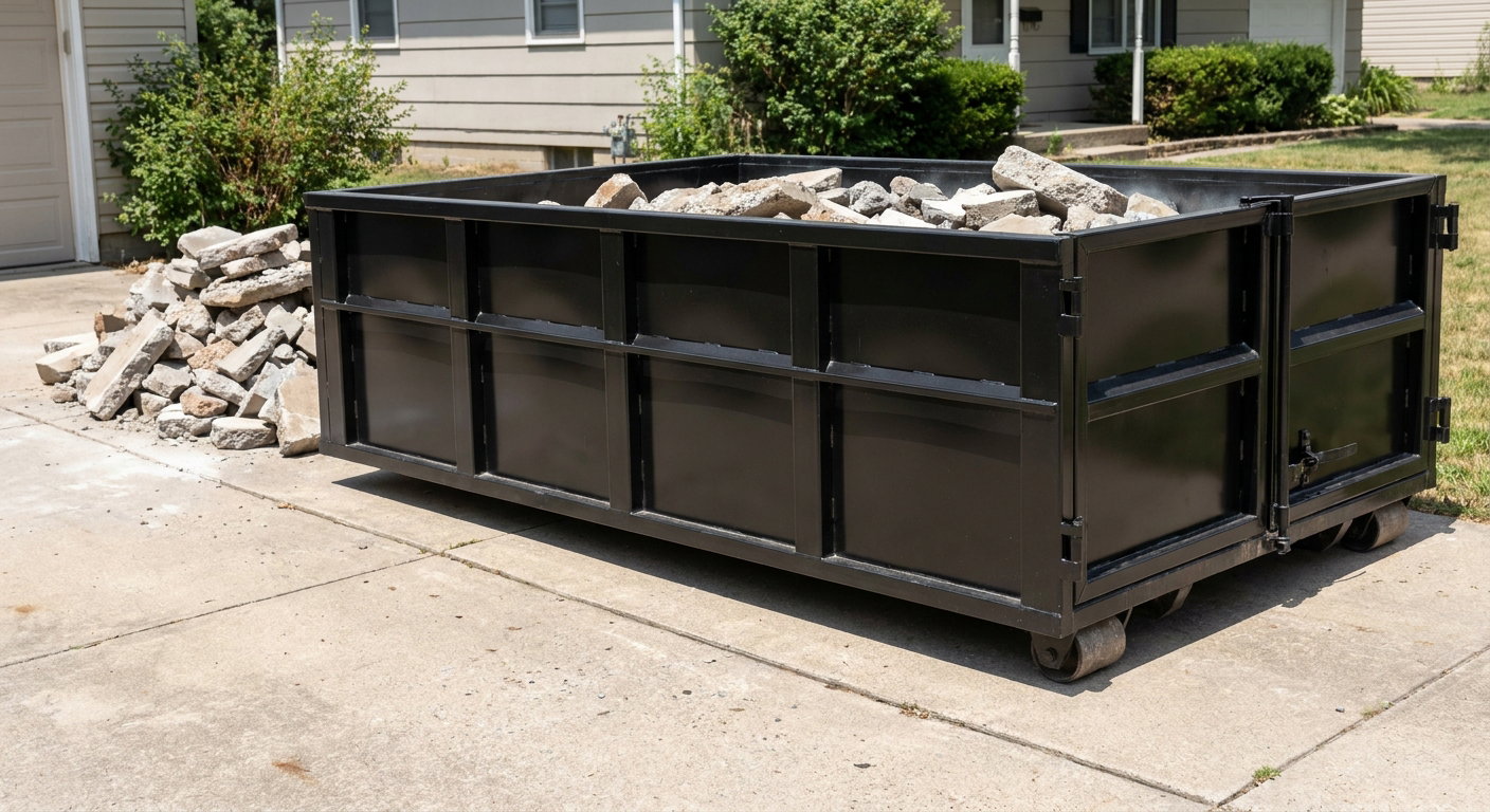A matte-black low-side heavy-debris roll-off dumpster placed directly on a Southfield concrete driveway, with broken concrete chunks neatly stacked beside it under clean daylight.